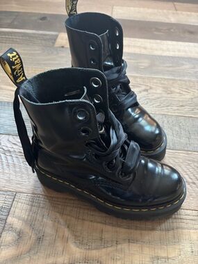 Dr. Martens Black Leather Lace-Up Chunky Sole Boots with Yellow Stitching